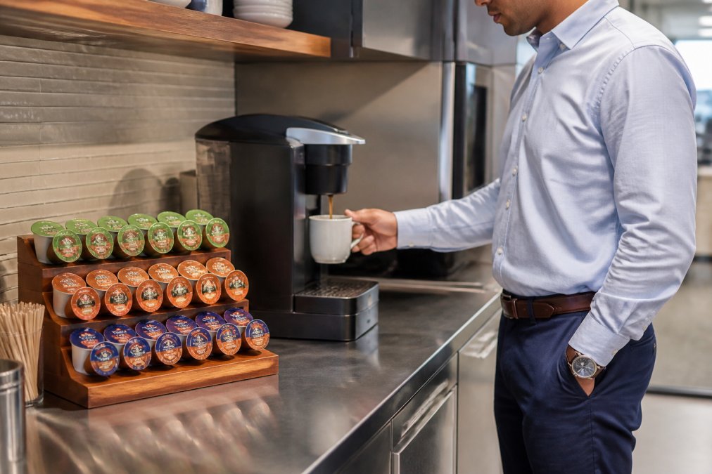 Professional office breakroom with modern single-serve coffee brewer on stainless steel counter, organized rows of Coffee Depot pods in Peru, Mexico, and Bali varieties, someone in business casual attire pouring a fresh cup into a ceramic mug