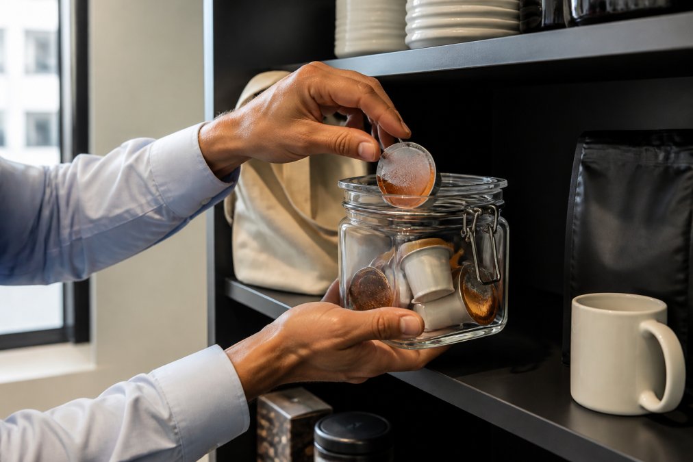 Close-up of hands carefully organizing Coffee Depot single-serve pods into an airtight glass container on a cool, dark pantry shelf in a professional office building, morning natural light filtering from a nearby window