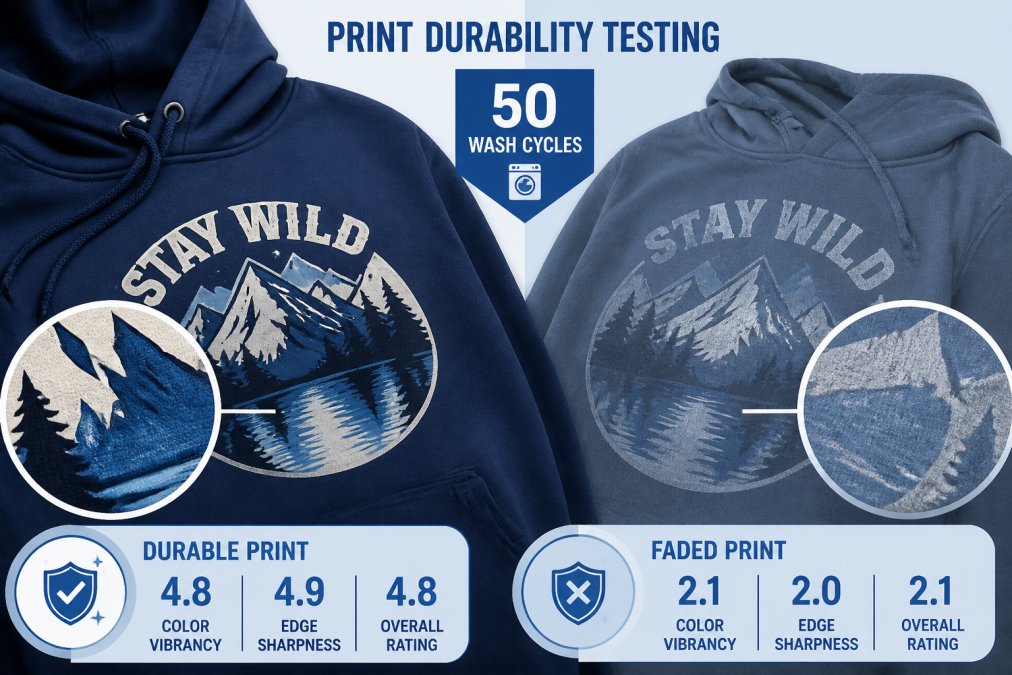 Close-up of a custom hoodie print showing vibrant colors and crisp edge definition after 50 wash cycles, with a worn comparison hoodie faded in the background