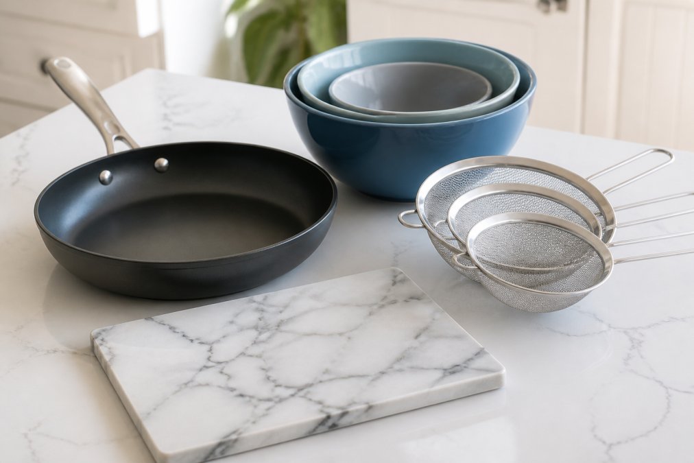 Flat lay of kitchen essentials on a clean white countertop: a PFAS-free nonstick skillet, nested mixing bowls in blue and gray, a set of three mesh strainers, and a marble-finish cutting board arranged neatly under soft natural light