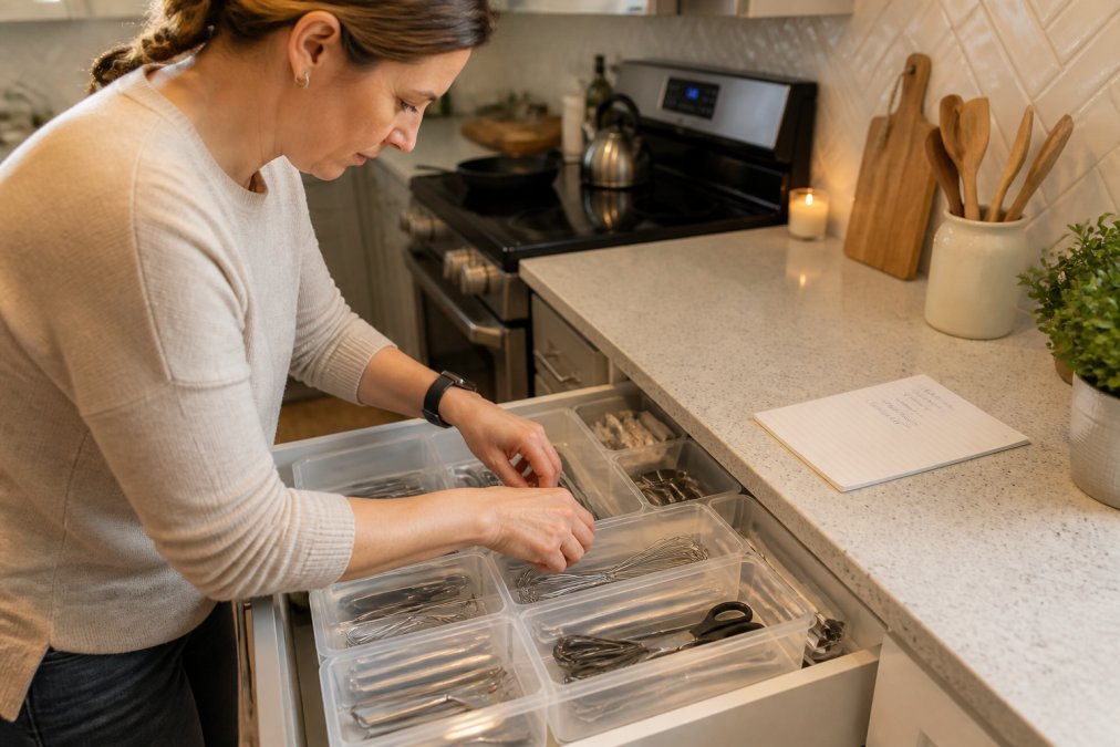 A parent organizing a kitchen drawer with clear plastic organizer bins, sorting utensils and small tools neatly, with a handwritten grocery list on the countertop beside them under warm kitchen lighting
