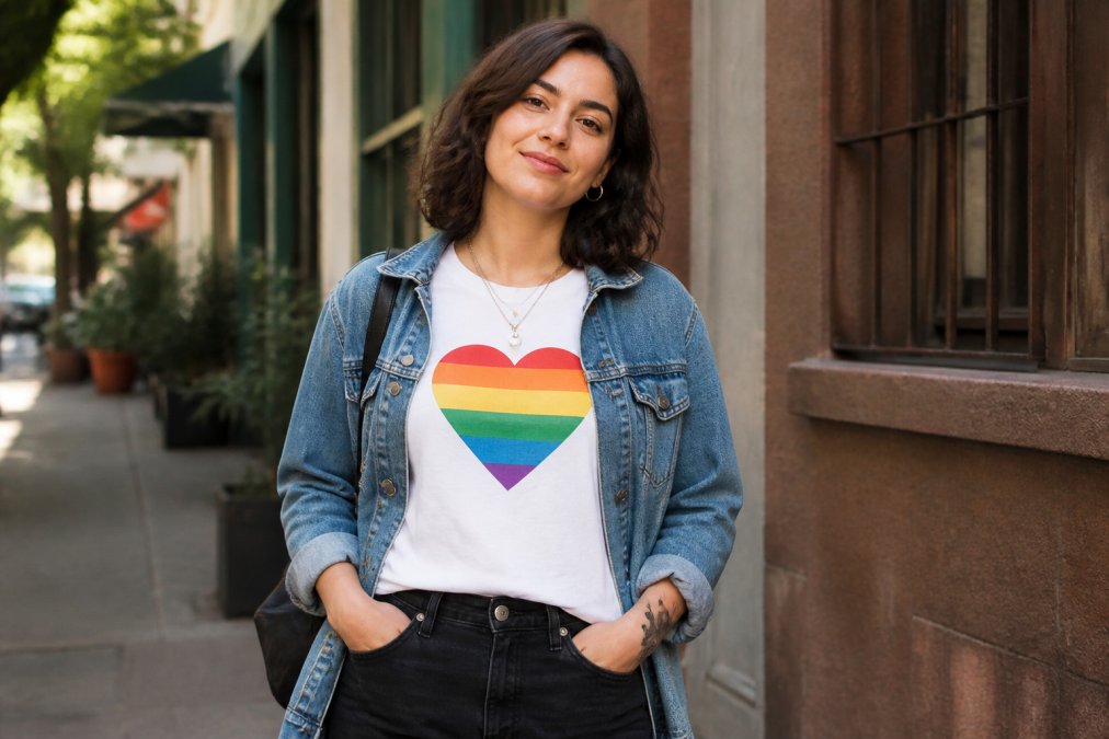 A young adult wearing a colorful pride graphic t-shirt layered under an open denim jacket, standing in a casual outdoor urban setting with a relaxed smile