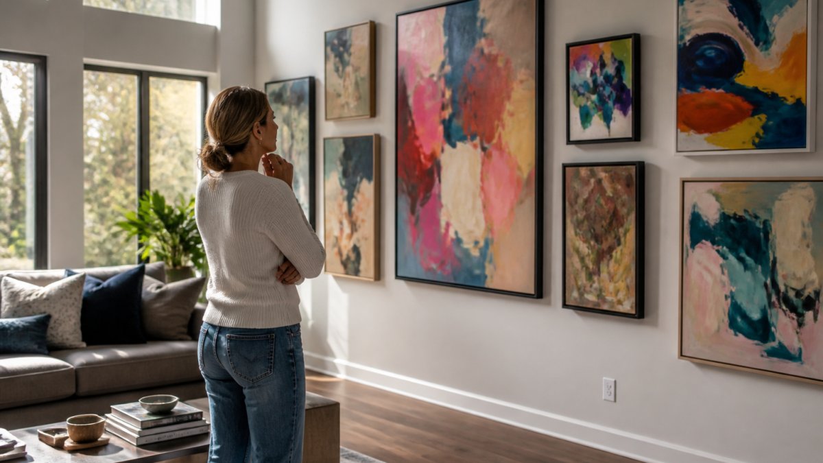 Homeowner admiring colorful original abstract art on a gallery wall in a sunlit modern living room