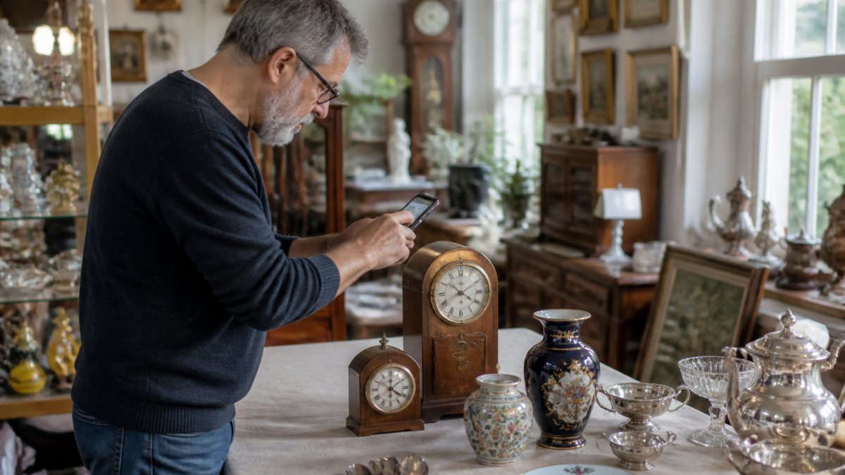 Antique dealer photographing vintage clocks and ceramics for selling antiques online using natural light