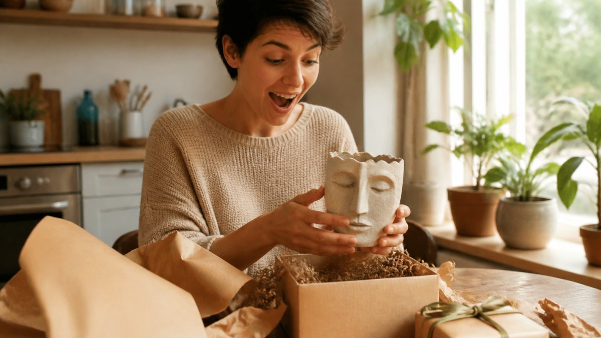 A young professional unwrapping a small quirky home decor gift at a kitchen table, wrapping paper pushed aside, genuine surprised smile, warm afternoon light through a window