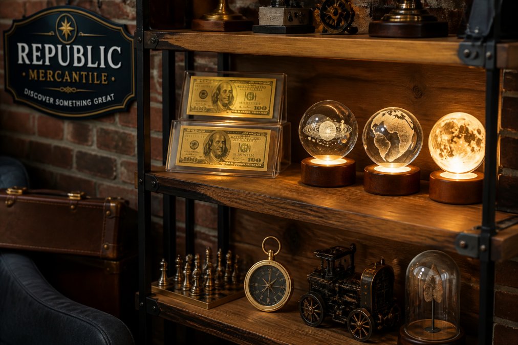 Close-up of displayed novelty items including gold foil banknotes and crystal LED globes on a wooden shelf, with warm accent lighting highlighting intricate details and craftsmanship