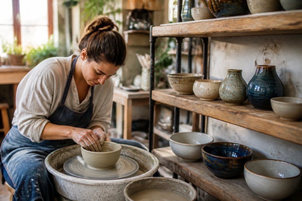 Close-up of hands crafting a handmade ceramic bowl on a pottery wheel in a sunlit artisan workshop, with finished glazed pieces displayed on wooden shelves nearby