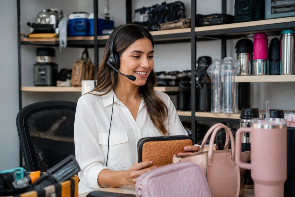 Customer service representative at a modern desk speaking on headset with a warm smile, looking at product listings on a computer screen with various items visible in the background