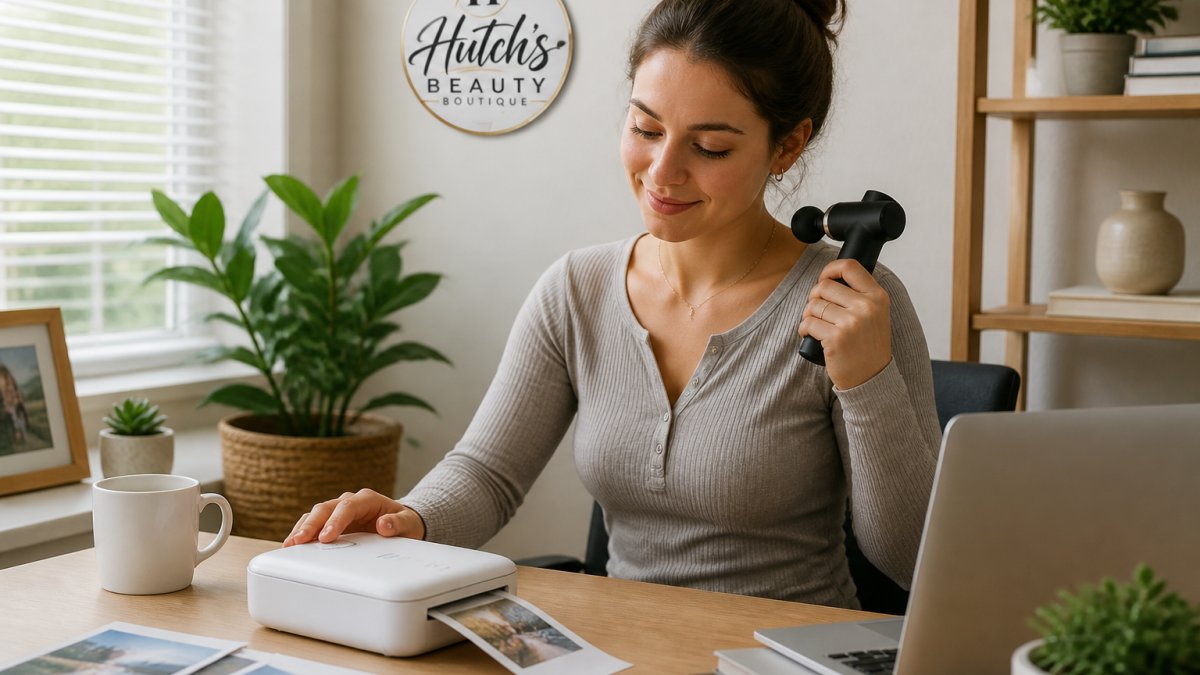 Woman using a portable printer and compact massager at a desk with lifestyle tech finds in a home office.