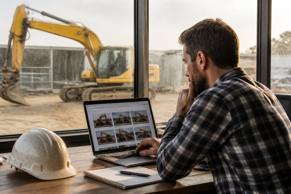 A project manager in a construction site office reviewing used excavator listings on a laptop, hard hat on the desk beside him, with a yellow tracked excavator visible through the dusty window in the background, warm afternoon light