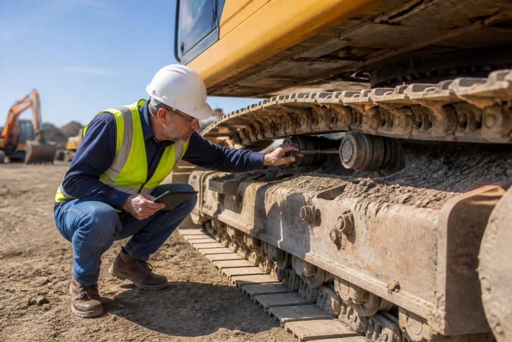 A construction equipment inspector in a hard hat and high-visibility vest crouching beside the undercarriage of a large tracked excavator on a job site, closely examining the track links and rollers in bright midday light
