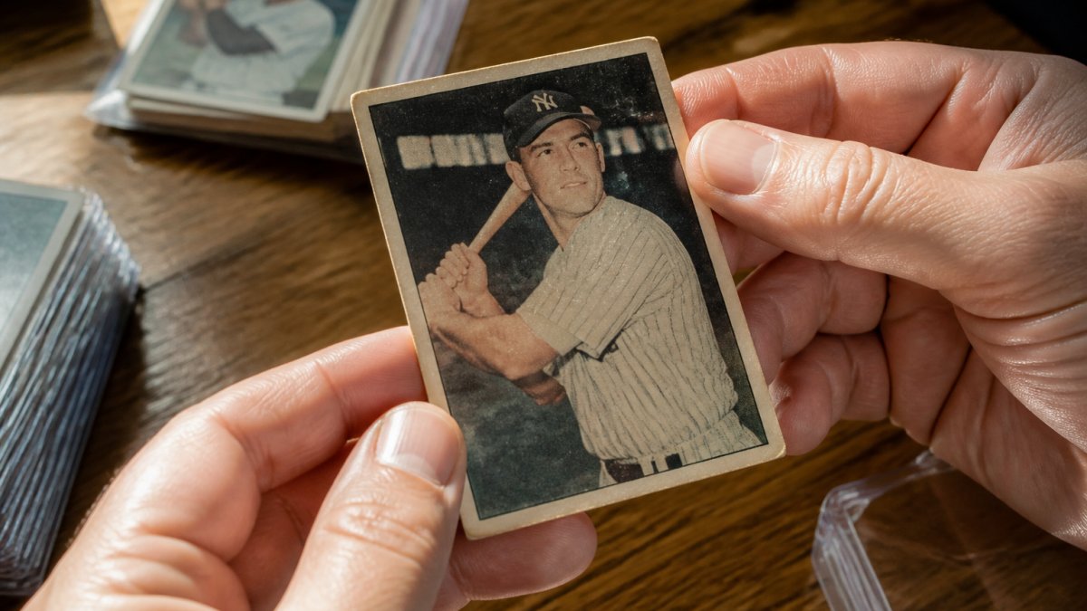 Close-up of hands examining a vintage trading card under natural light, showing fine print clarity and card stock texture on a wooden surface