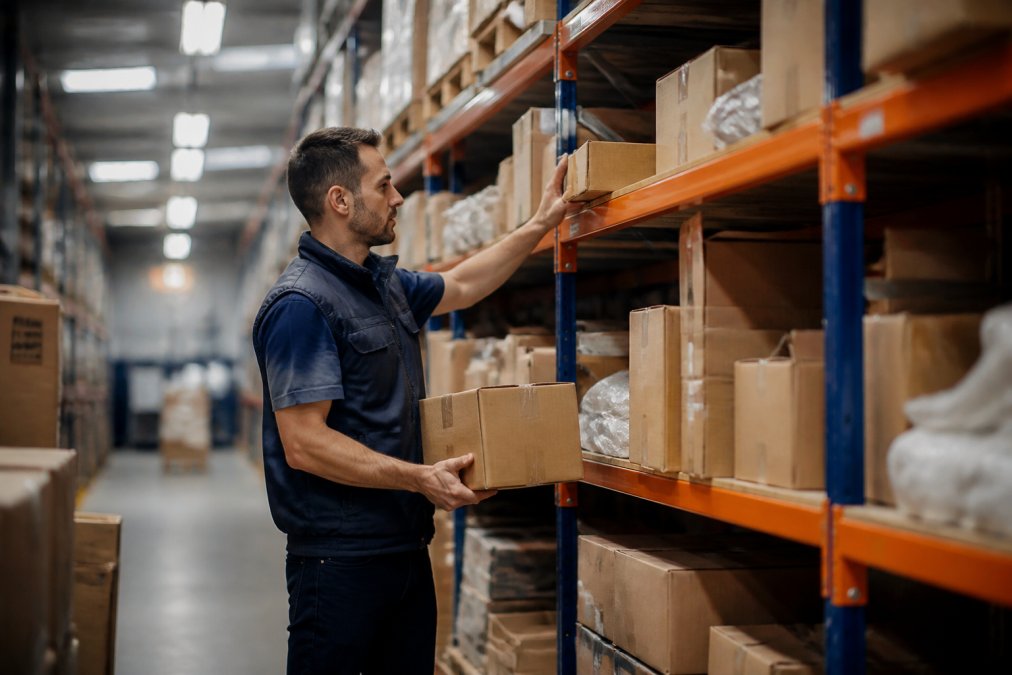 Warehouse worker organizing boxes and packages on shelves, showing organized inventory management in a fulfillment center with overhead lighting