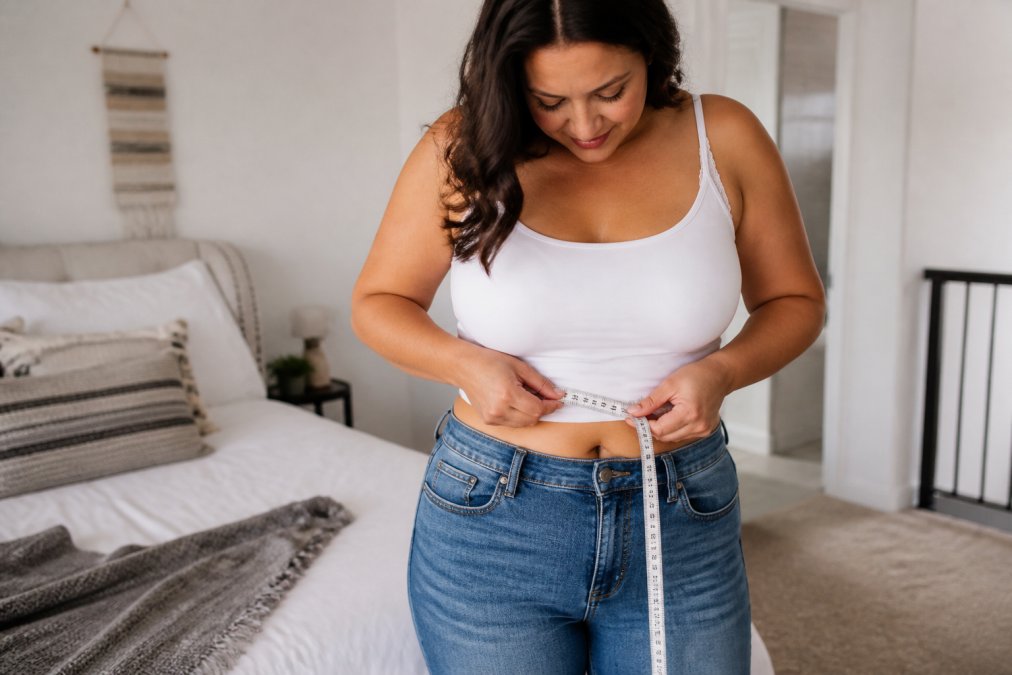 A woman measuring her waist with a tape measure to find her fit at our size inclusive boutique.