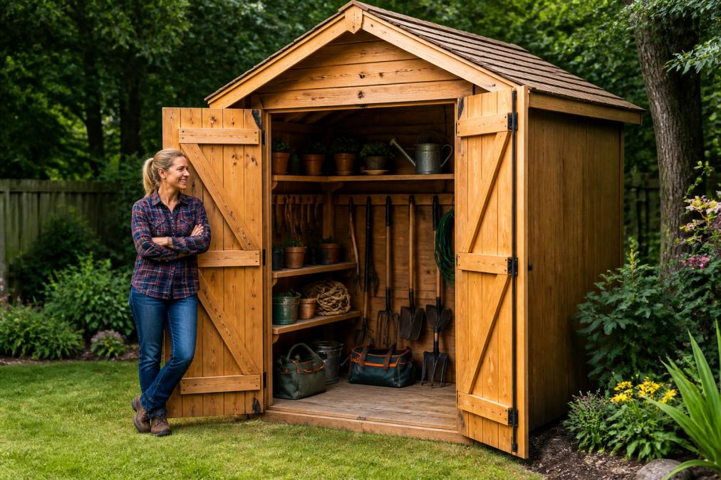 Homeowner standing beside an 8x8 wooden garden shed with the double doors open, revealing neatly organized shelving with hand tools, potted plants, and coiled rope inside
