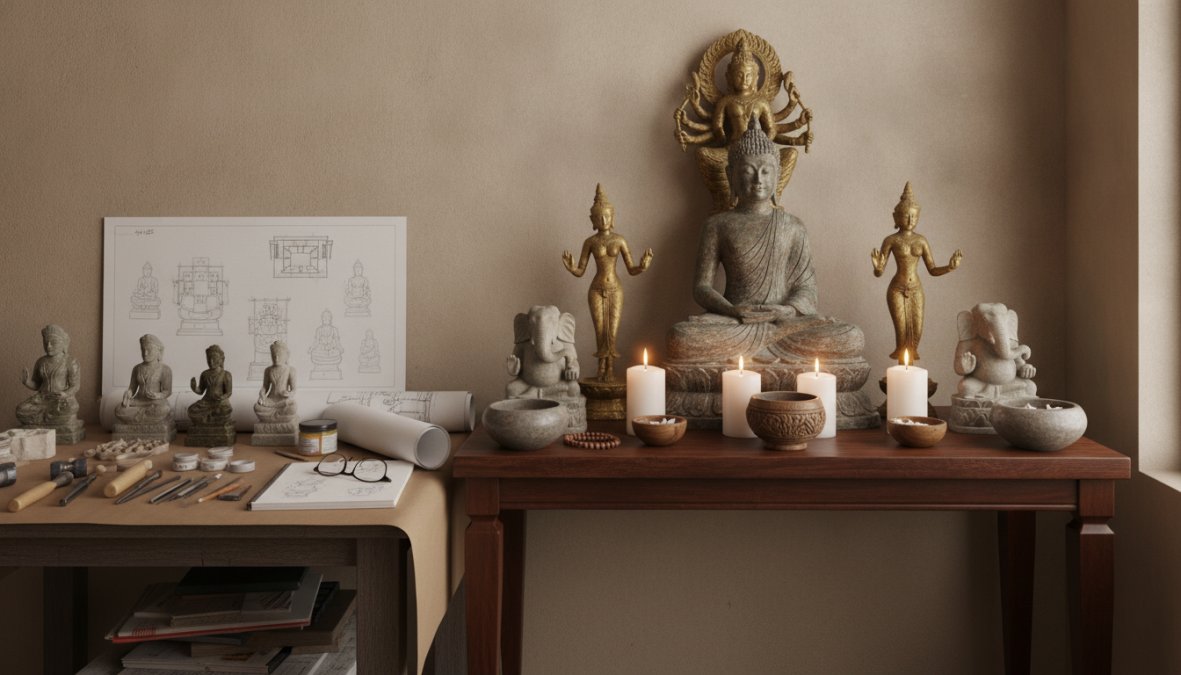 A beautifully arranged home altar with multiple statues of varying heights displayed on a wooden shelf, showing balanced composition with candles and devotional items in soft natural light