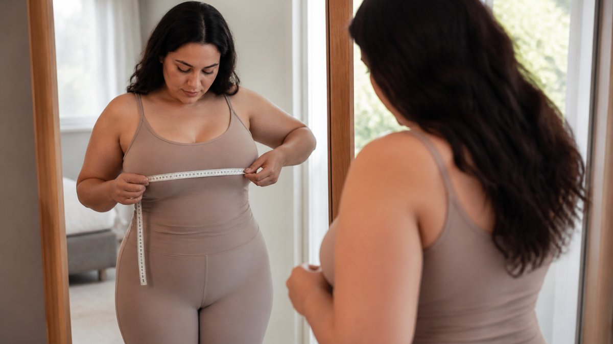 Person standing in front of a mirror wearing fitted neutral-colored clothing, holding a soft measuring tape around their bust while checking the measurement, with natural window lighting showing proper posture and tape placement