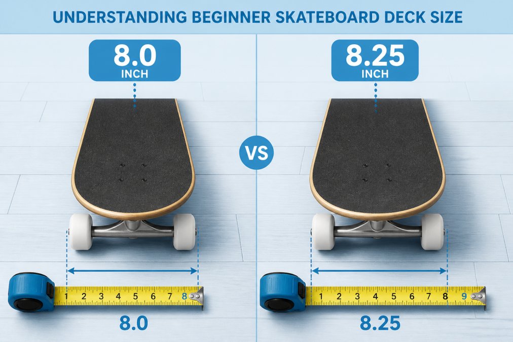 Two skateboard decks positioned side by side on a wooden floor showing visible width differences, with a measuring tape displaying 8.0 and 8.25 inch measurements clearly visible