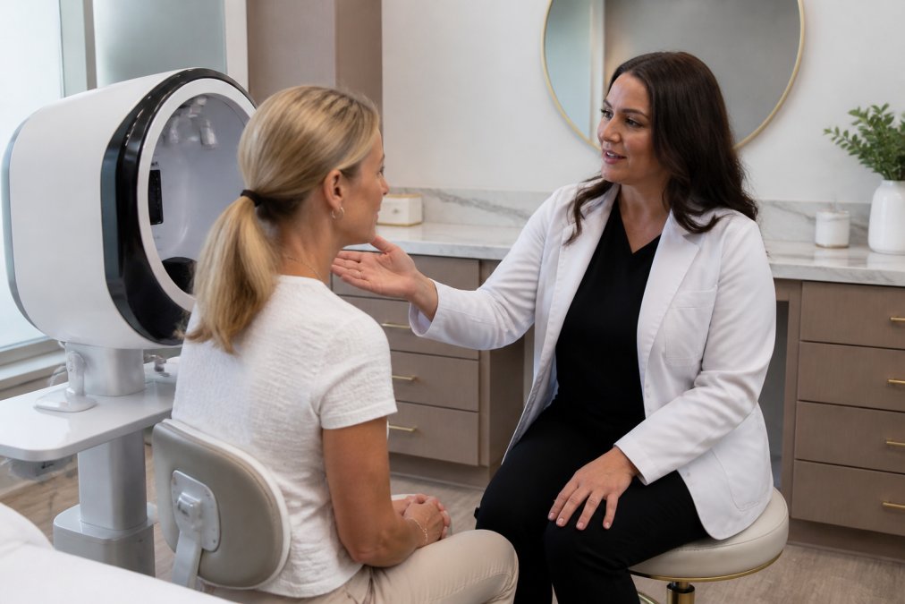 Aesthetic practitioner consulting with a client while reviewing skin analysis results on a professional imaging system in a modern clinic treatment room