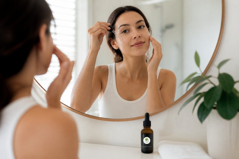 Woman applying hydrating serum to her face in natural morning light, focusing on the cheeks and forehead with gentle upward strokes, looking in a mirror with a calm expression
