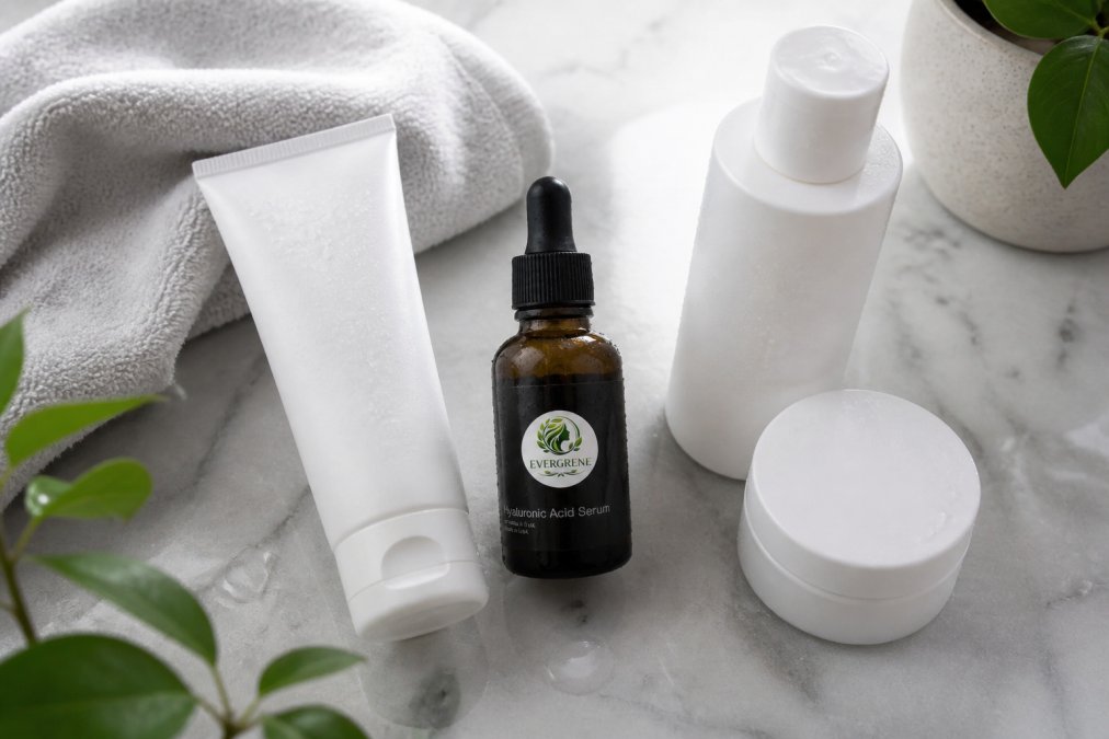 Flat lay of skincare products arranged on a marble surface with water droplets, showing cleanser, serum, moisturizer, and a soft towel in a spa-like setting with natural light
