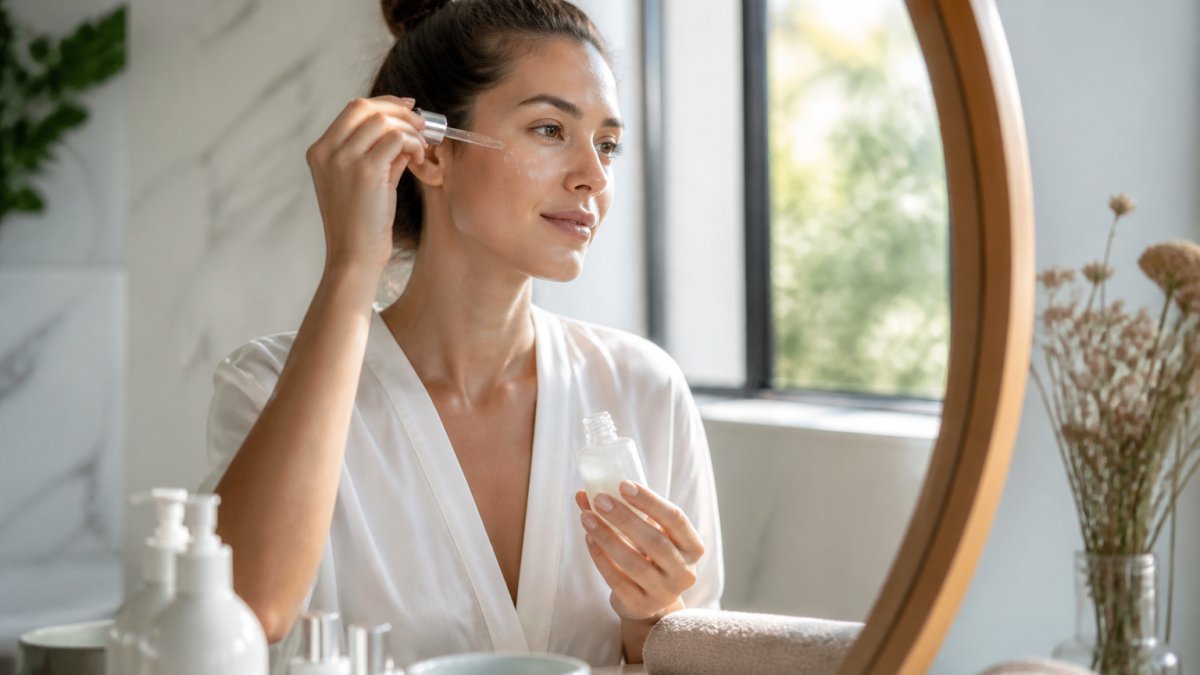 Woman applying lightweight serum to her face in bright minimalist bathroom with natural morning light streaming through window, showing careful application technique