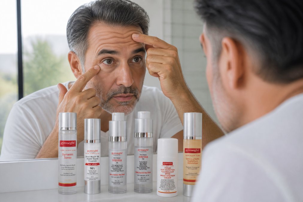 Middle-aged man examining fine lines around his eyes in bathroom mirror with natural daylight, pointing to wrinkles on forehead and under eyes