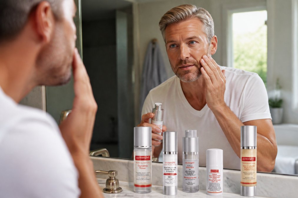 Man applying serum to face at bathroom sink with skincare products arranged on counter, showing proper application technique with natural morning light