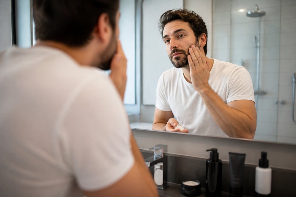A man in his thirties standing at a bathroom sink, applying moisturizer to his face in a well-lit, modern bathroom with skincare products arranged on the counter