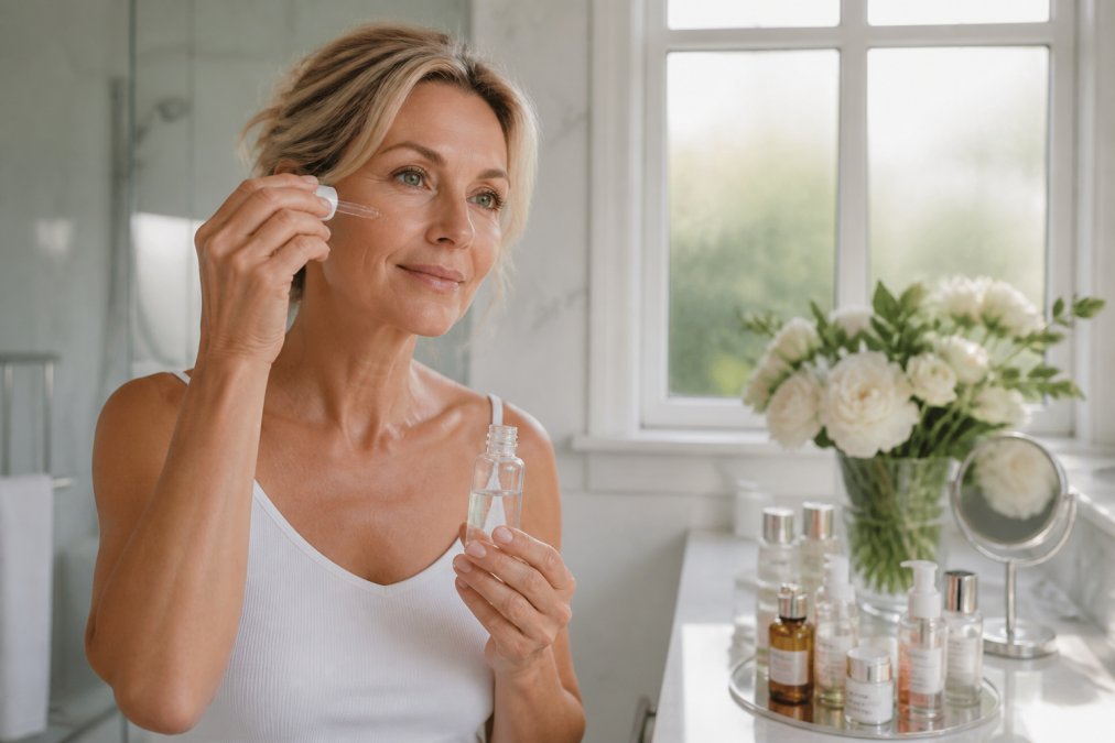 Woman in her 50s applying serum in a bright bathroom as part of the best skincare 40s 50s routine.