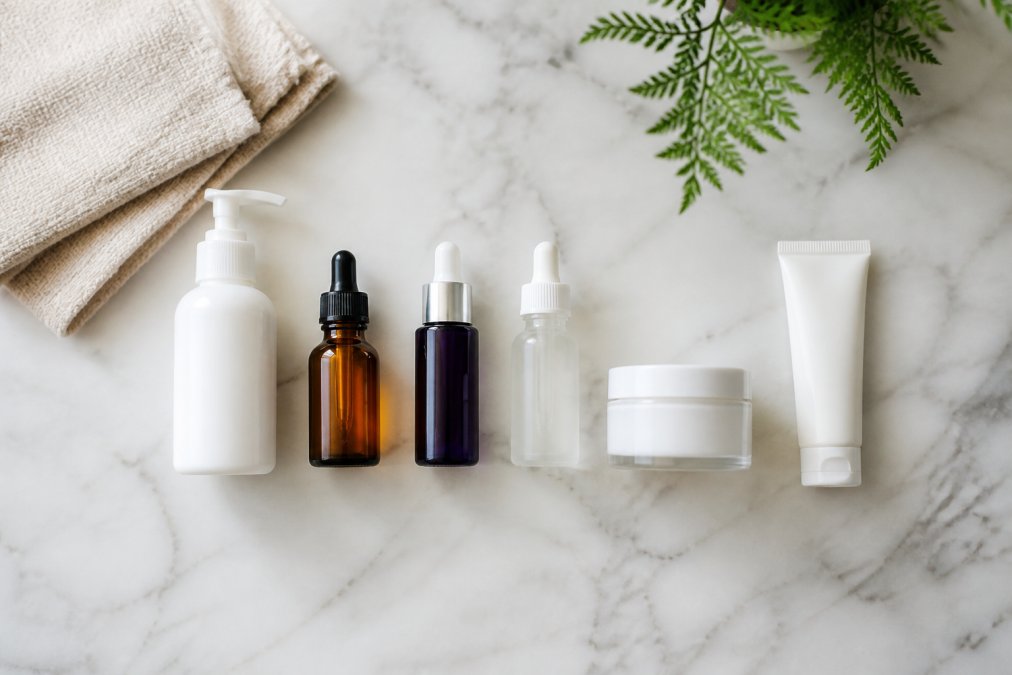 Overhead flat lay on a white marble bathroom counter showing a full anti-aging skincare routine in application order: a cleanser bottle, a vitamin C serum with dropper, a retinal night treatment, a peptide serum, a ceramide moisturizer, and a broad-spectrum sunscreen, arranged left to right with a folded linen towel and a small fern