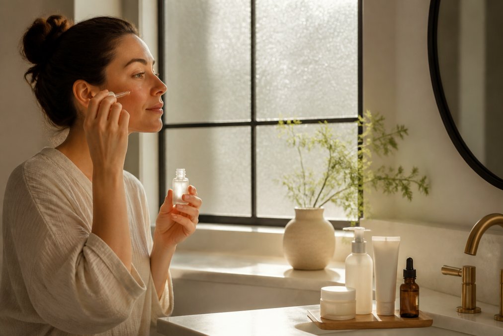 A woman in her early 30s applying serum to her face at a bathroom vanity, with a small curated collection of skincare products neatly arranged on the counter beside her, warm morning light coming through a frosted window
