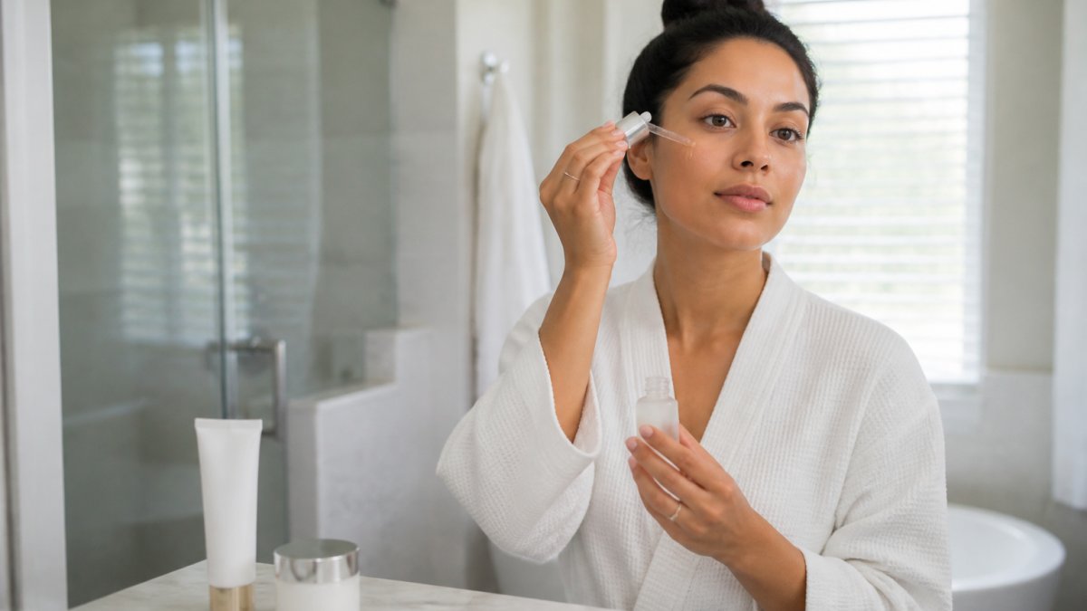 A woman in her 30s with medium skin tone applying facial serum in a bright bathroom, with sunscreen bottle and moisturizer on the counter