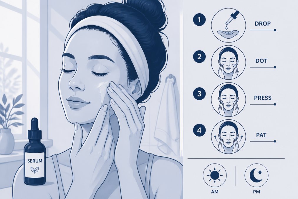 Close-up of hands gently applying lightweight serum to freshly cleansed face, showing proper fingertip application technique with natural morning light streaming through bathroom window