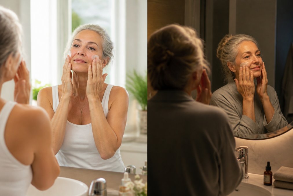 Woman in bright bathroom applying lightweight moisturizer to face during morning skincare routine, natural sunlight illuminating her reflection in mirror while she uses gentle upward strokes