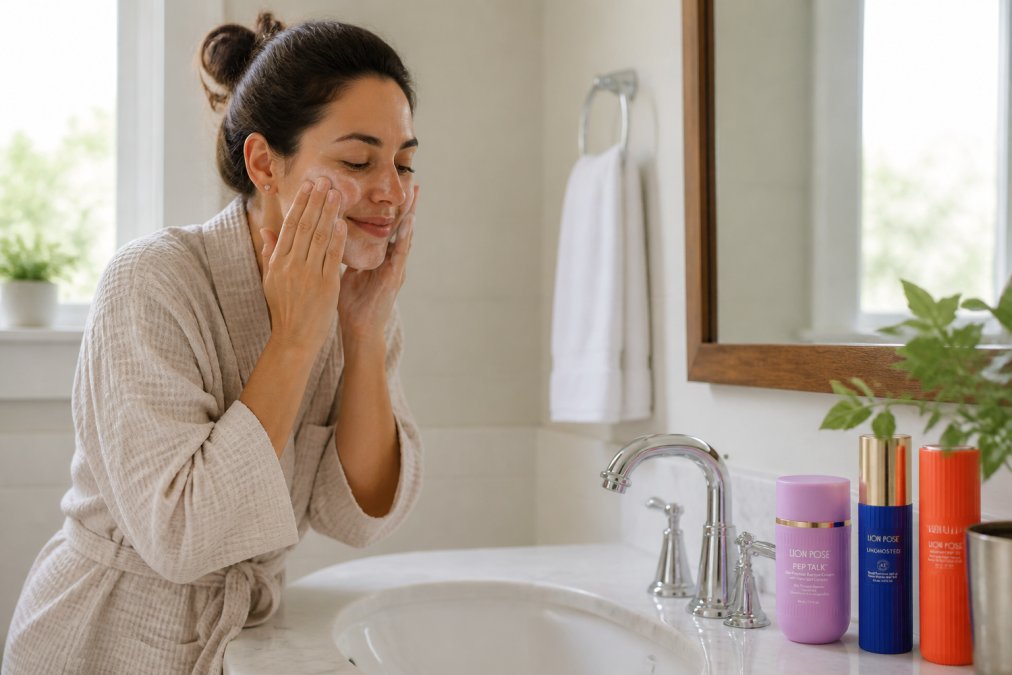 A busy mom applying a gentle cleanser to her face at a bathroom sink in natural morning light, with minimal products visible on the counter