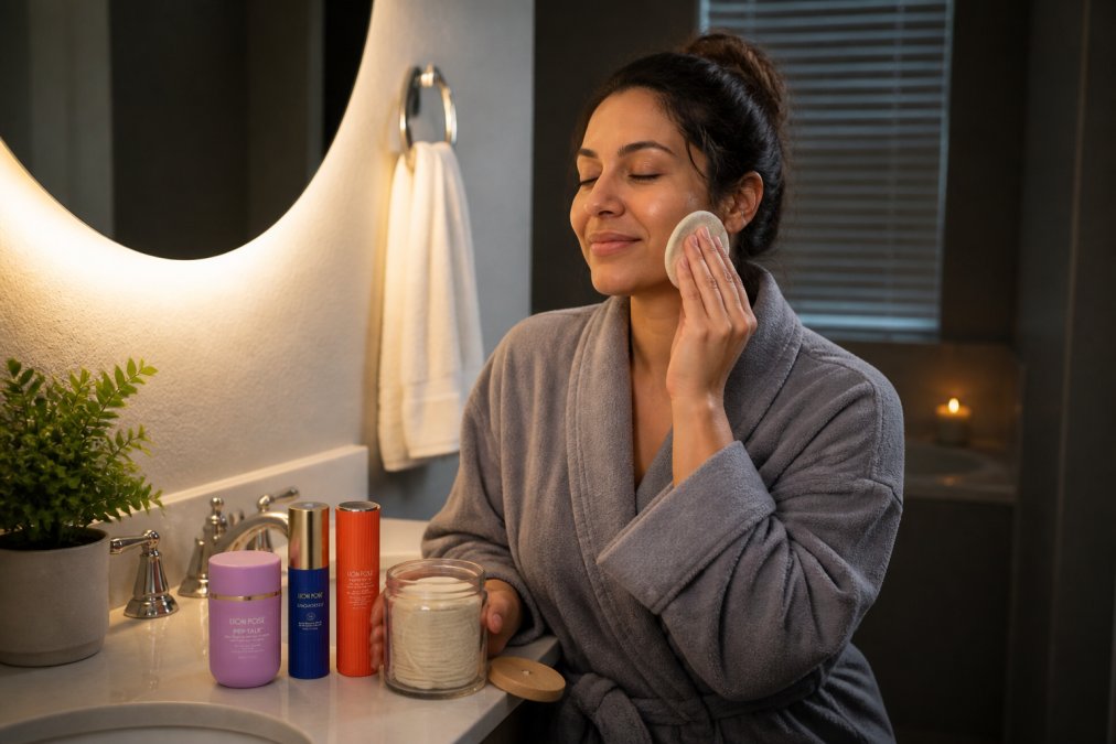 A woman using bamboo makeup remover pads to cleanse her face in the evening, with a clean bathroom setup and soft ambient lighting from a vanity mirror