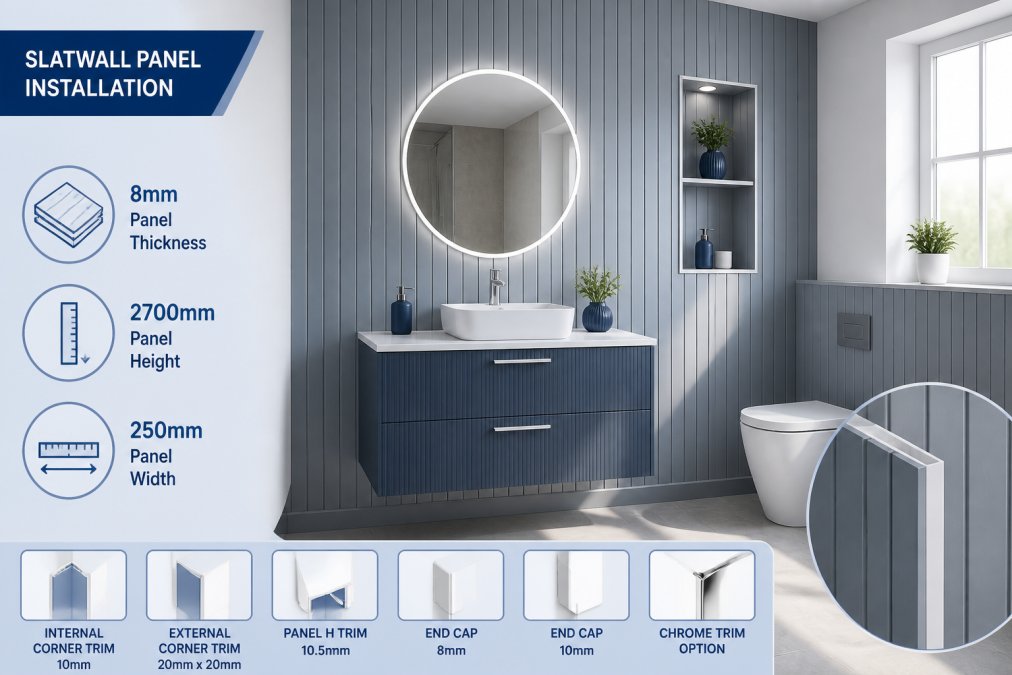 Modern bathroom interior with installed grey slatwall panels on accent wall, contemporary vanity with natural lighting streaming through window, showing finished aesthetic with clean lines and minimalist design