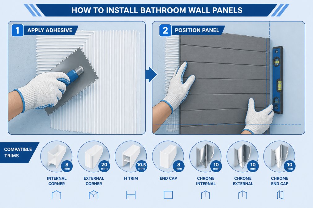 Close-up of hands wearing work gloves applying white adhesive with notched trowel to bathroom wall substrate, then positioning grey slatwall panel into place, showing proper alignment technique with spirit level visible
