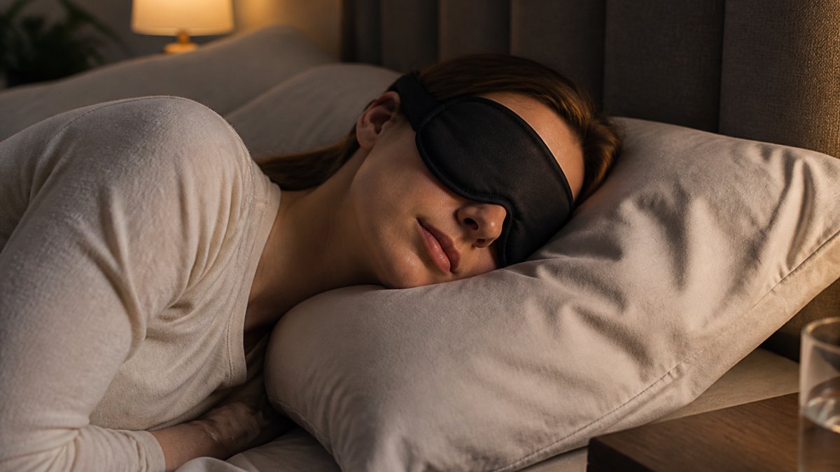 A person lying on their side in bed wearing a contoured sleep mask, soft pillow supporting the head and neck, dim bedroom with warm bedside lamp light