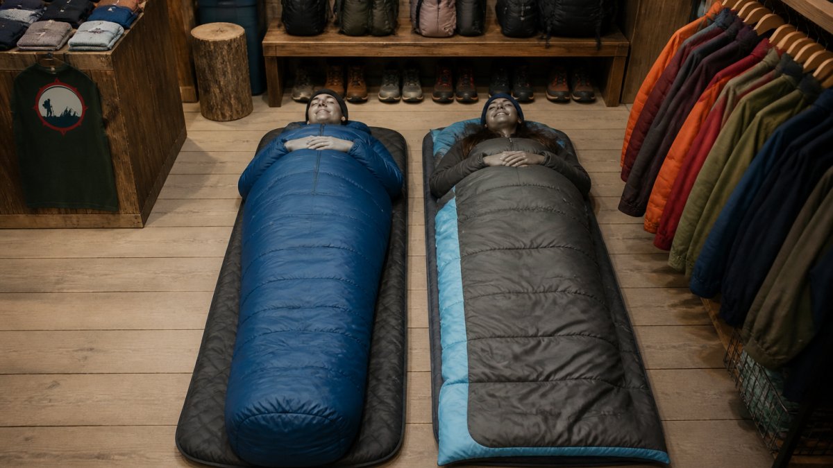 Comparison diagram showing body fit differences between mummy and rectangular shapes for the best sleeping bags for