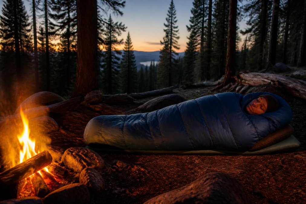 A camper zipped inside a mummy sleeping bag beside a glowing campfire in a pine forest at dusk, warm light on the bag's shell
