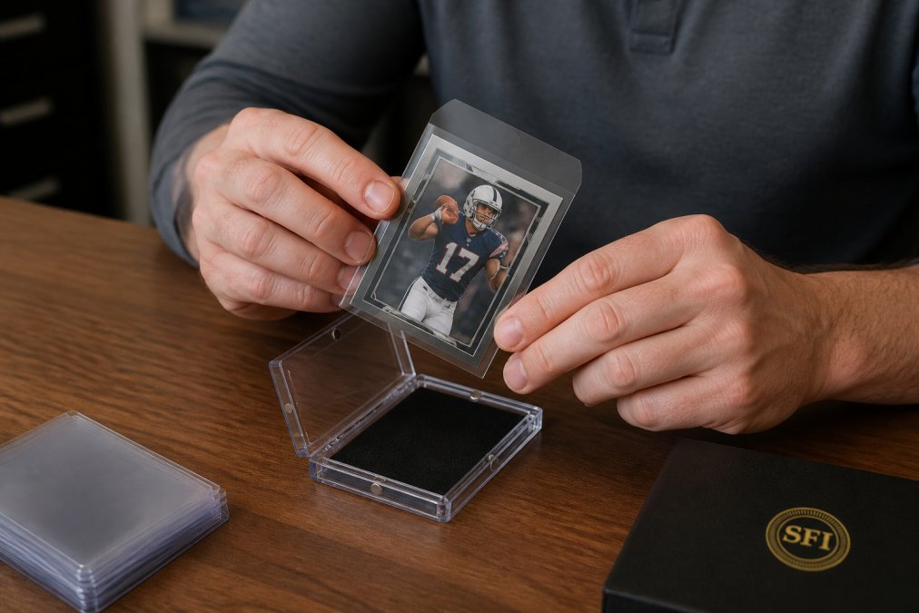 Hands carefully inserting a trading card into a protective sleeve positioned above an open magnetic holder, showing proper angled entry technique and steady grip on the card's edges in natural office lighting