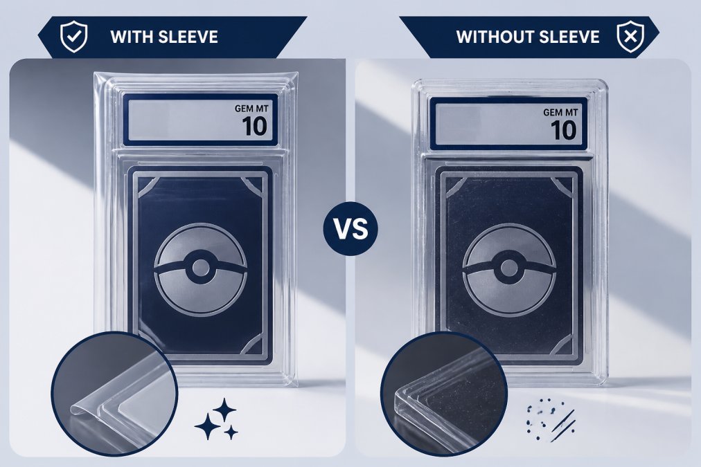 Close-up comparison of two graded trading card slabs side by side, one in a protective sleeve showing crystal clear visibility with no surface marks, the other unsleeved in a magnetic holder showing visible dust particles and minor surface marks under bright directional lighting