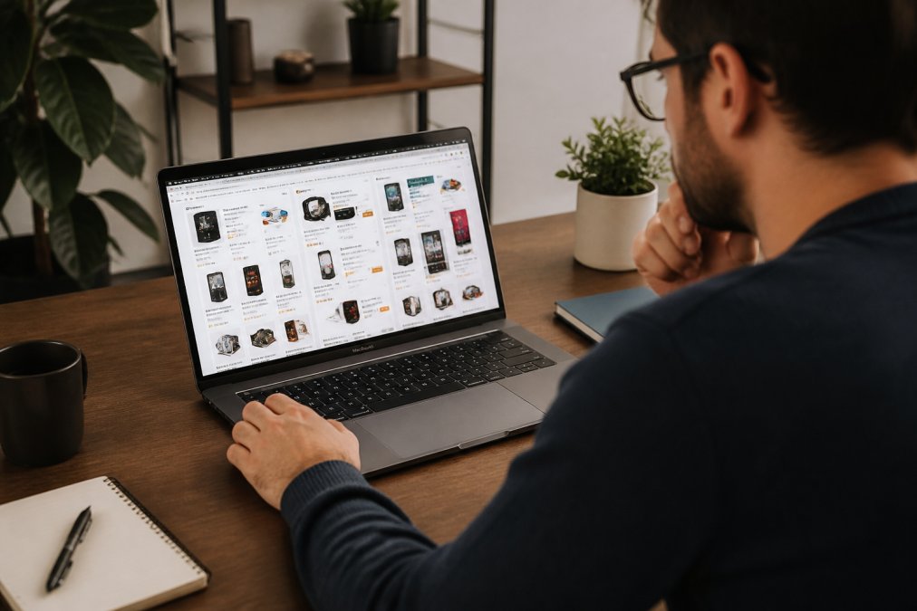 Professional working at ergonomic desk reviewing multiple browser tabs on laptop screen showing tech products, pricing comparisons, and deal aggregator websites with natural office lighting