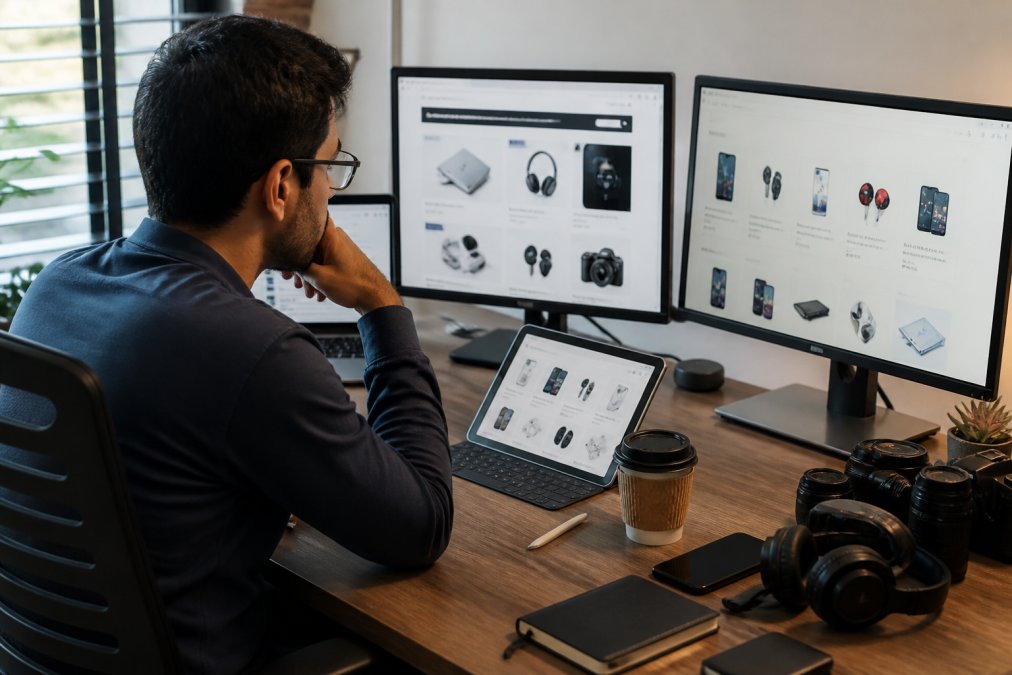 Tech enthusiast at a modern desk comparing prices on multiple monitors and tablet, surrounded by tech accessories and coffee, focused and analytical