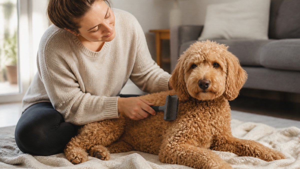 A calm, close-up scene of an everyday dog owner gently line-brushing a curly Goldendoodle with a slicker brush on a living room floor, dog relaxed and lying on a soft blanket, natural daylight