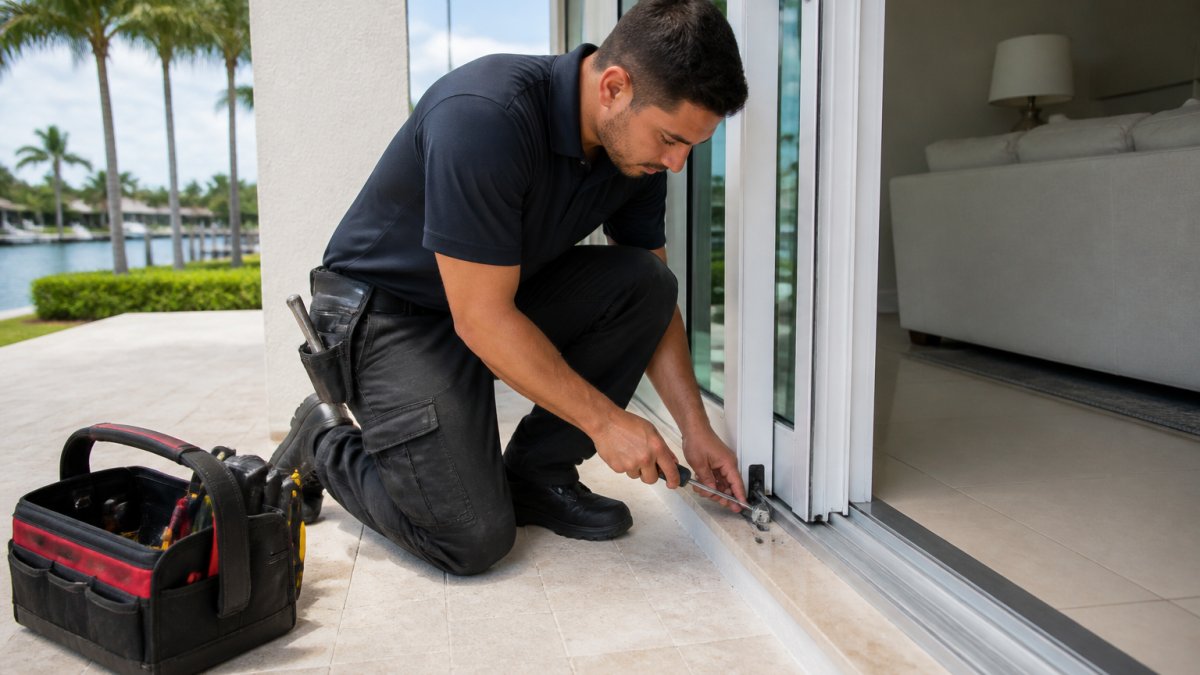 A technician in work clothes kneeling beside an open sliding glass door, adjusting the bottom roller with a screwdriver while a toolbox sits on the patio floor