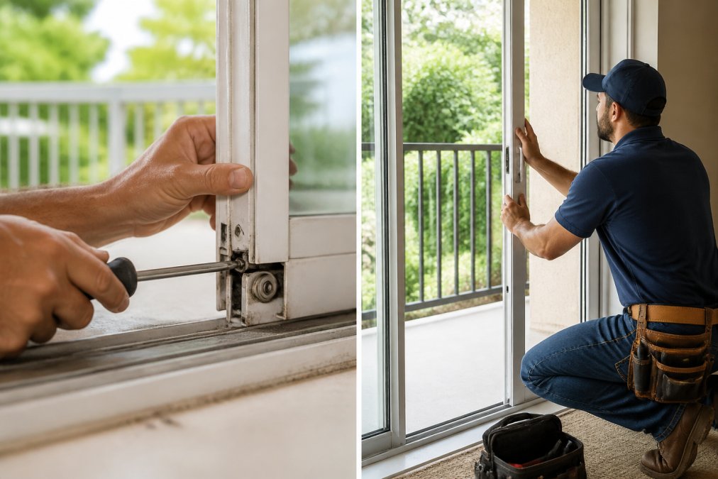 A technician's hands using a screwdriver to adjust the roller mechanism on the bottom edge of a lifted sliding glass door panel, bright daylight coming through the open frame