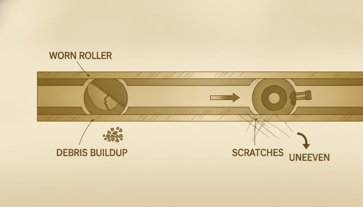 Close-up of a damaged aluminium sliding door track showing worn roller wheels with visible flat spots, scratches, and accumulated debris buildup